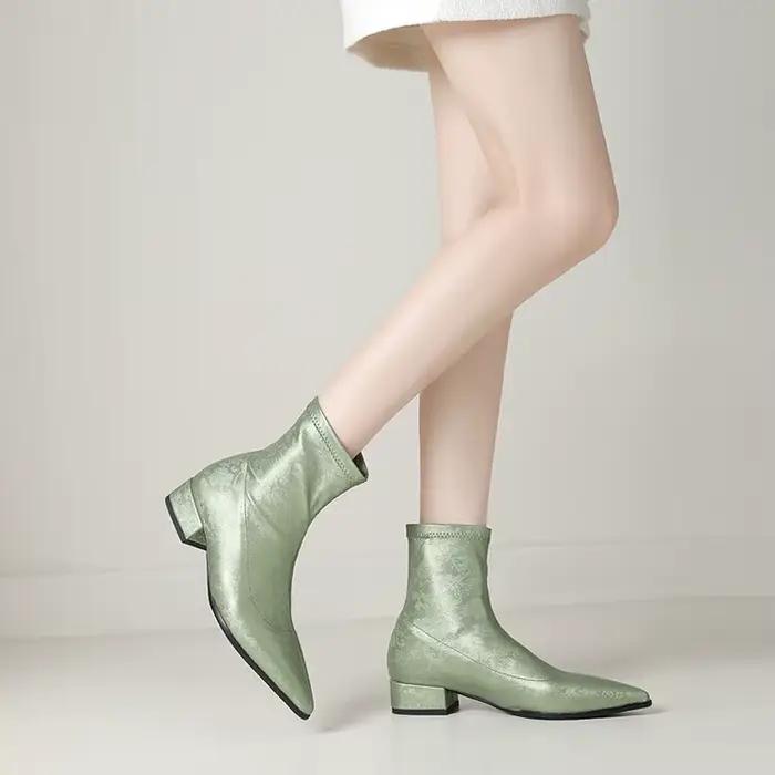 2025 nouvelles bottes chaussettes argentées à bout pointu pour femmes bottines à talons épais chaussures à enfiler