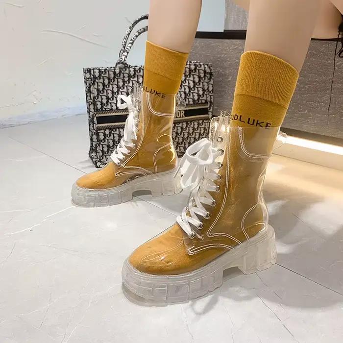 Bottes à plateforme transparentes pour femmes, bottes imperméables mi-mollet, bottes courtes à talon transparent, chaussures de pluie sexy pour femmes