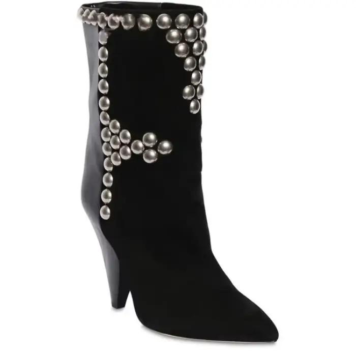 RiSALE-Cuissardes à talons hauts pour femmes, bottes longues cloutées, patchwork de cuir floqué, parka pointue, bottes de piste, noir, beige