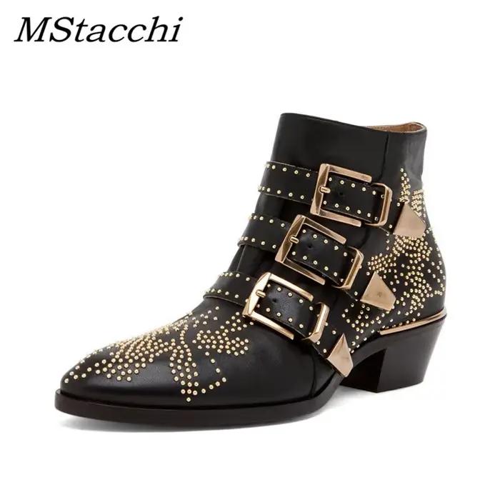 Bottines femme Rivet fleur Susanna clouté bottes de Cowboy haute qualité en cuir véritable chaussures de luxe dames Botines Mujer