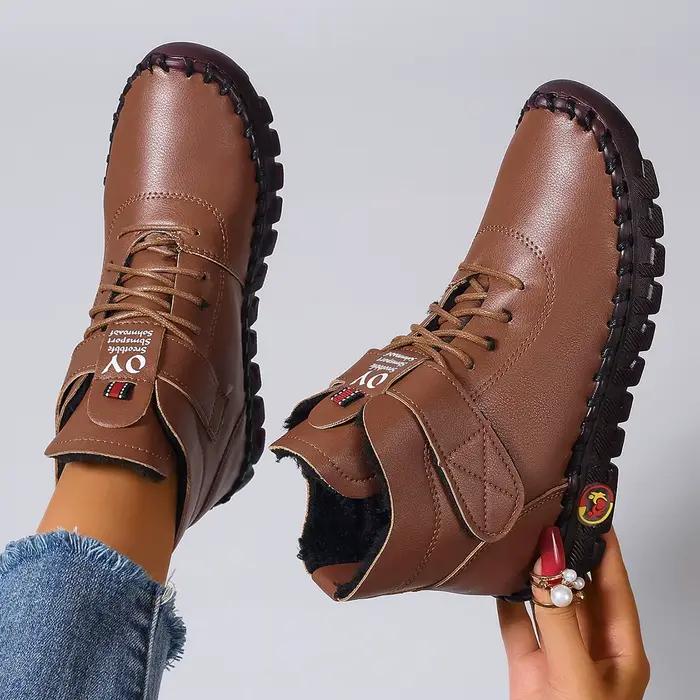 Bottes courtes en cuir et fourrure épaisse pour femme