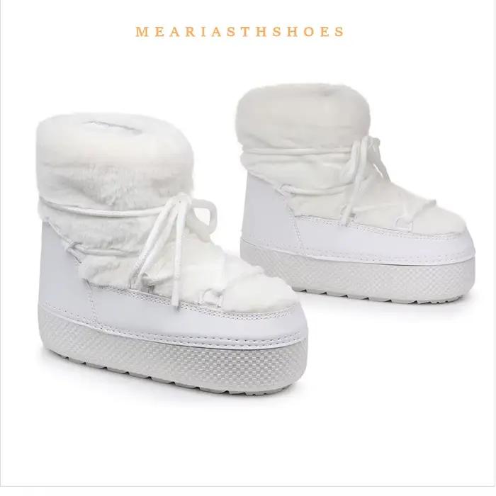 Bottes de neige à plateforme de 4.5cm pour femmes, plates, souples et confortables, bottines imperméables en cuir PU pour femmes, bottes de Ski noires et blanches