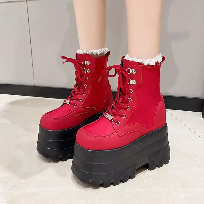 14.5CM femmes bottes automne femmes bottines plate-forme compensées talons hauts chaussons nouveau Design de mode rouge Cosplay chaussures de femmes