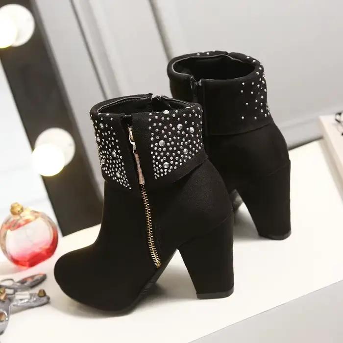 Bottines scintillantes pour femmes en flock avec strass cristal, talons hauts épais, chaussures chaudes d'hiver grandes tailles 32-47