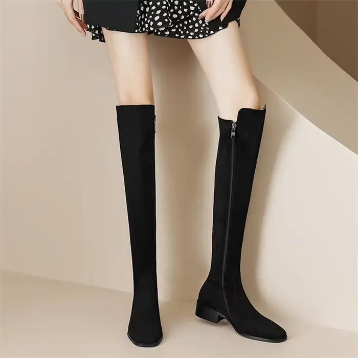 Meotina-Bottes hautes en cuir véritable pour femme, chaussures plates carrées, avec fermeture éclair, style décontracté, à la mode, collection automne hiver, 40