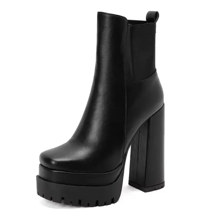 Bottines à plateforme pour femmes, tendance, bottes courtes noires, en cuir, gothique, Punk, talons, chaussures de fête, grande taille 45, hiver et automne