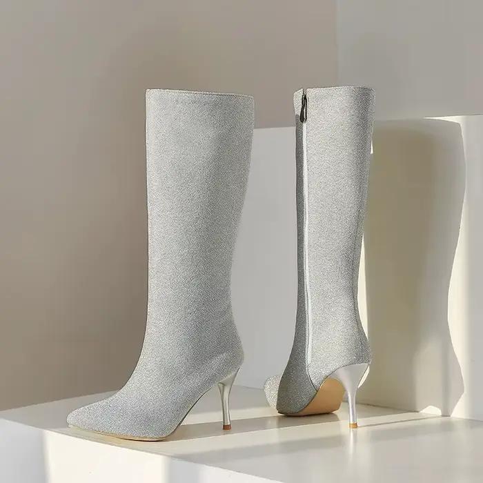 Bottes en tissu pailleté scintillantes pour femmes, élégantes bottes mi-hautes à talons fins pour hiver, occasions spéciales et sorties nocturnes