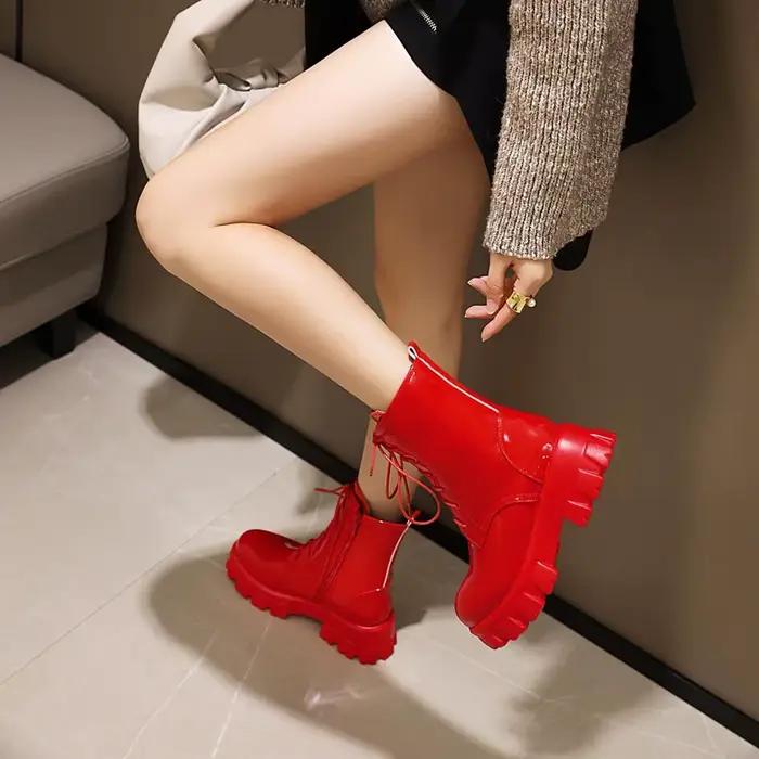 Femmes bottes en cuir verni plate-forme chaussures marque cheville mode