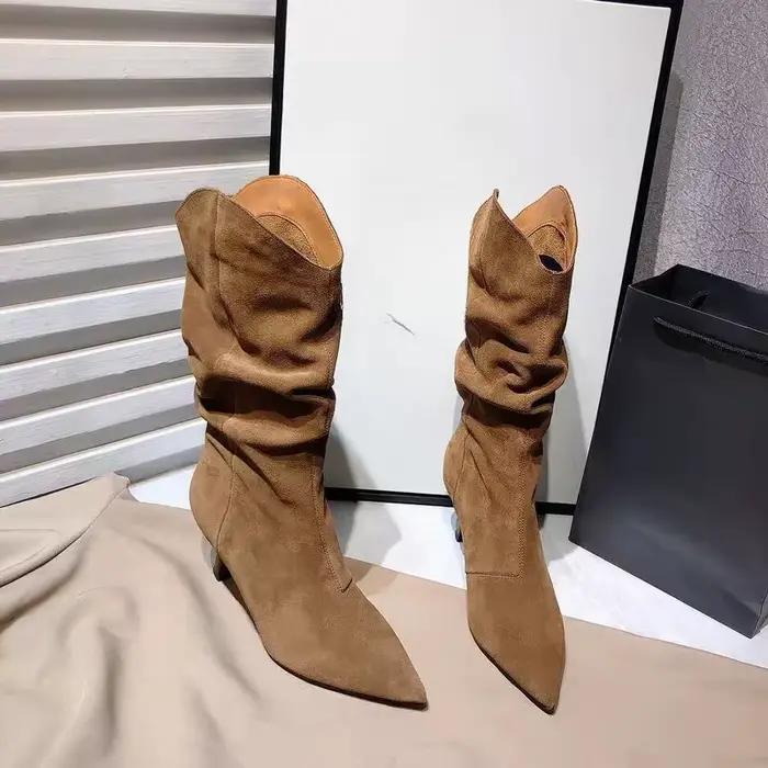 Bottes plissées en daim de vache à bout pointu, nouvelle collection automne, antidérapantes et résistantes à l'usure