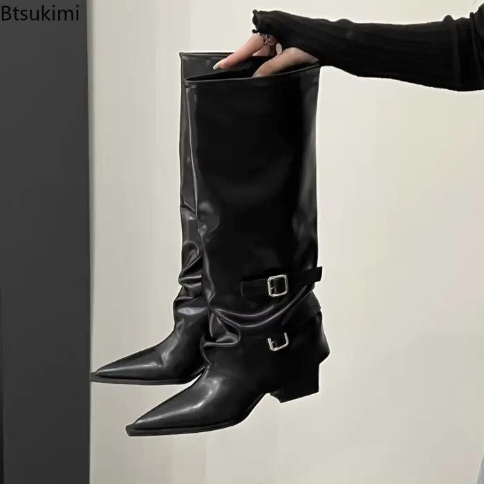 Printemps et automne femmes Style rétro mi-mollet bottes mode ceinture boucle chaussures bout pointu compensées talon chevalier bottes longues femme