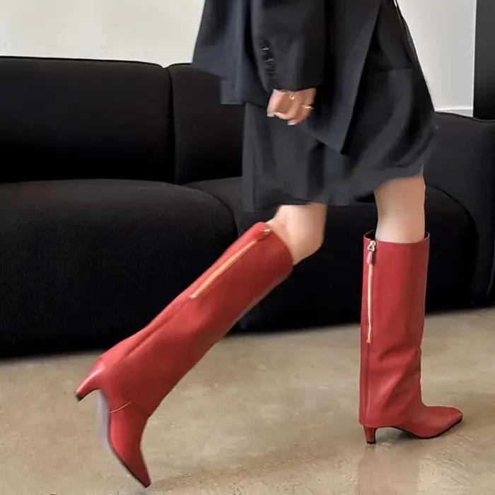 Bottes hautes au genou en peau de mouton avec fermeture à glissière au dos pour femmes