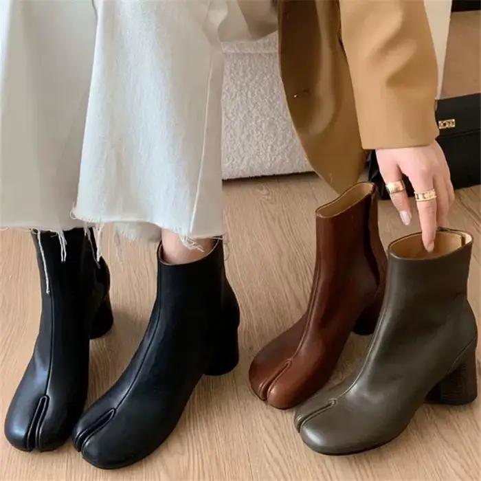 Bottines Tabi de luxe pour femme 2026 en cuir véritable à bout fendu, talon bloc épais, chaussures de soirée mode automne-hiver