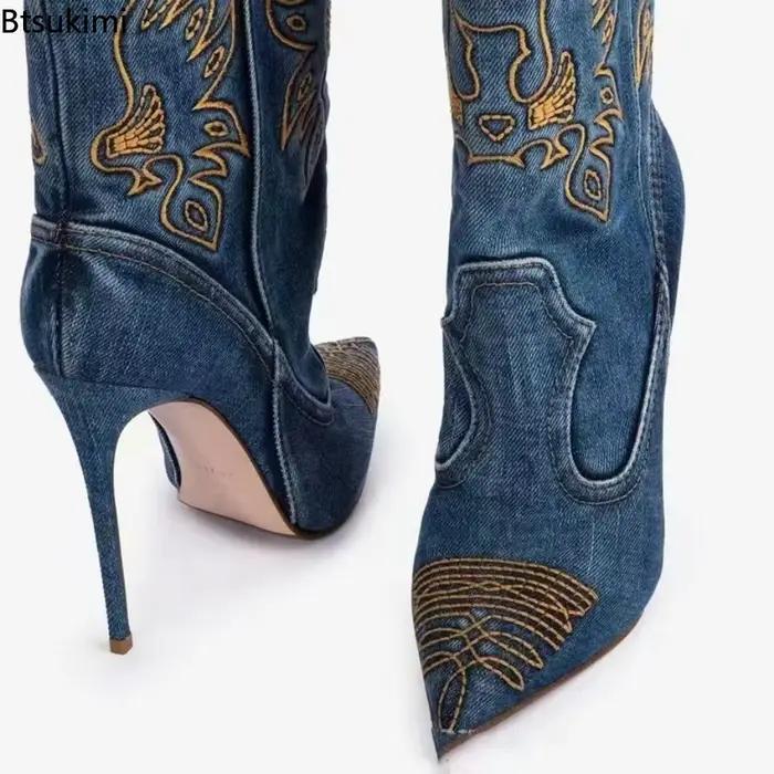 Nouvelles Bottes Western Brodé Charm pour Femme Printemps-Automne 2026 – Style Rétro Décontracté Sexy Bleu pour Dames, Bottines en Jean
