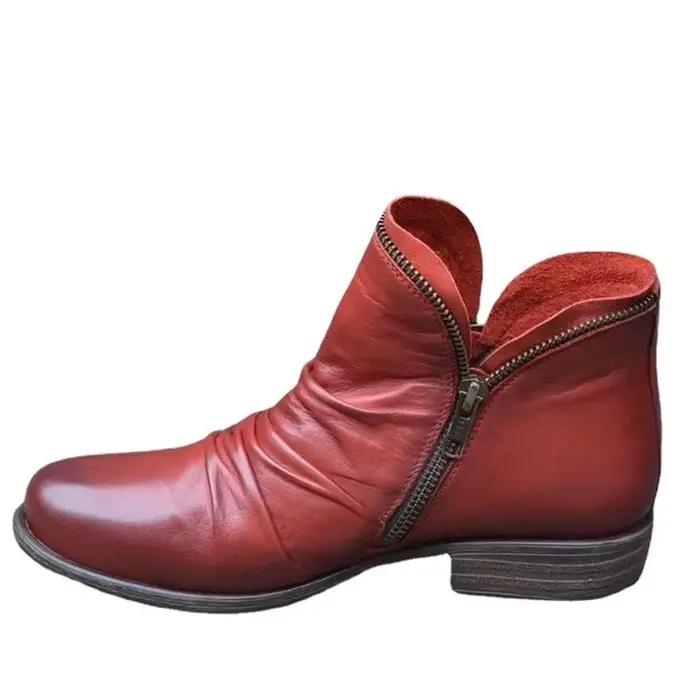 Bottines en cuir PU pour femmes, bottines de style rétro avec fermeture éclair latérale, tendance, collection printemps-automne