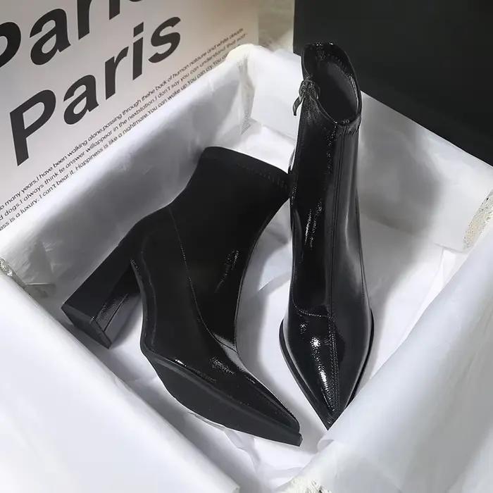 Bottines d'hiver en cuir verni pour femmes, talons carrés, bout pointu, chaussures à talons pour les occasions spéciales et le quotidien