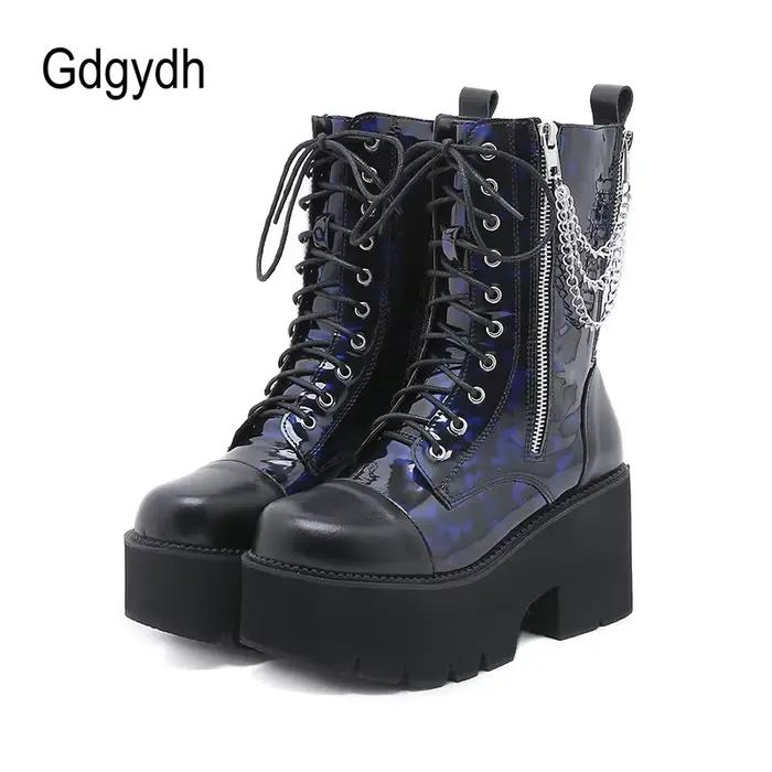 Gdgydh – bottes de Combat bleues à plateforme épaisse pour femmes