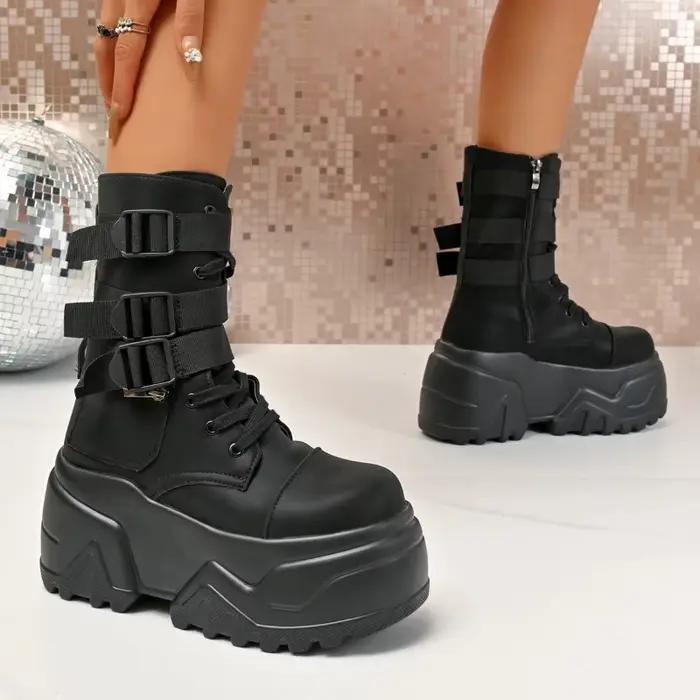 Nouvelles Bottes de Cheville Moto Plateforme Bout Rond Hauteur Augmentante à Lacets Mode Concise pour Femmes Occasions Spéciales