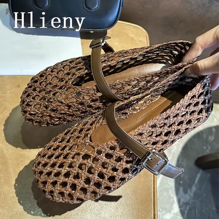 Hlieny été tissage évider maille chaussures plates femmes mode bout rond boucle sangle mocassins dames décontracté Mary Jane chaussure Mules sandale