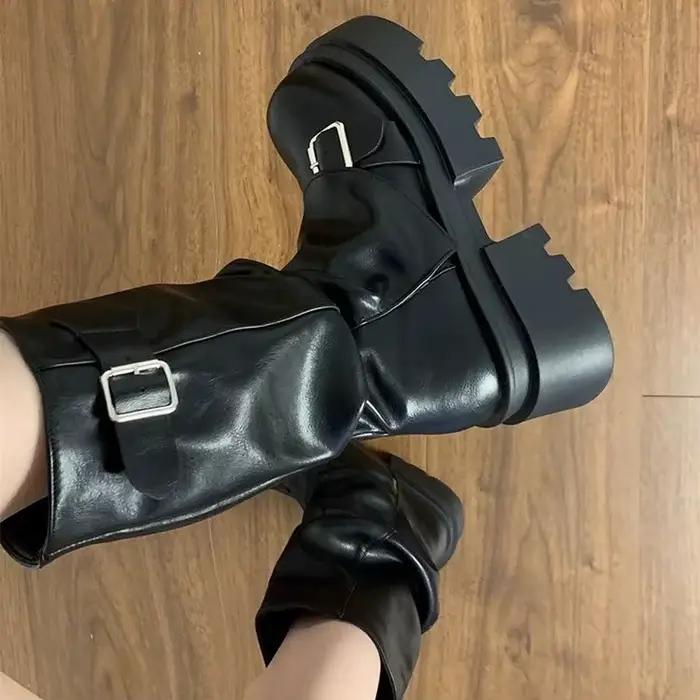 Chaussures pour femmes mi-mollet bottes pour femmes plate-forme bottes modernes femmes boucle de ceinture bout carré fermeture éclair latérale chaussures à talons carrés femme