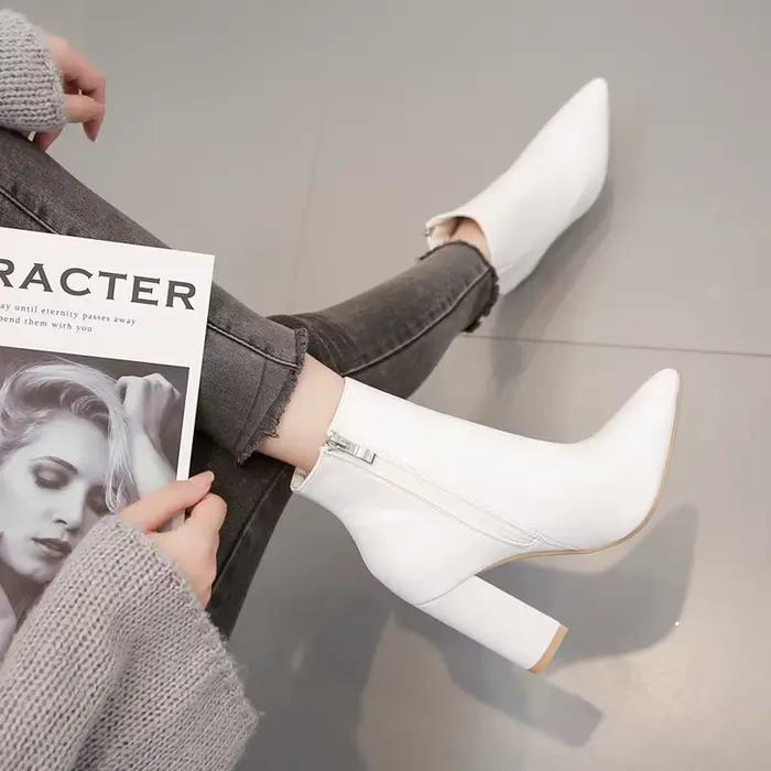 Bottes mi-mollet à talons hauts pour femmes, bout pointu, talon carré, plateforme, faites à la main, pour hiver, mode et occasions spéciales