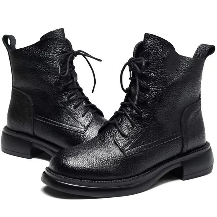 Printemps dame bottines véritable cuir de vache plate-forme chaussures pour femmes hiver jeunes filles semelle souple talon épais chevalier bottes de neige