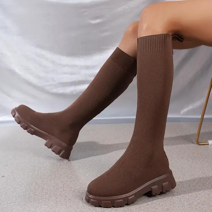 Sexy rose fond épais tricot chaussettes bottes femmes 2025 automne grosse plate-forme genou