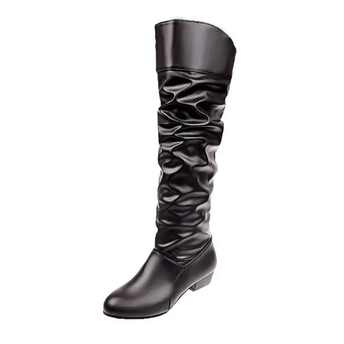 WishHot Vente de la saison Automne Hiver Bottes longues en PU à bout rond et talon bas, style bottes de chevalier, grande taille, bottes pour femmes au-dessus du genou, semelle en caoutchouc S