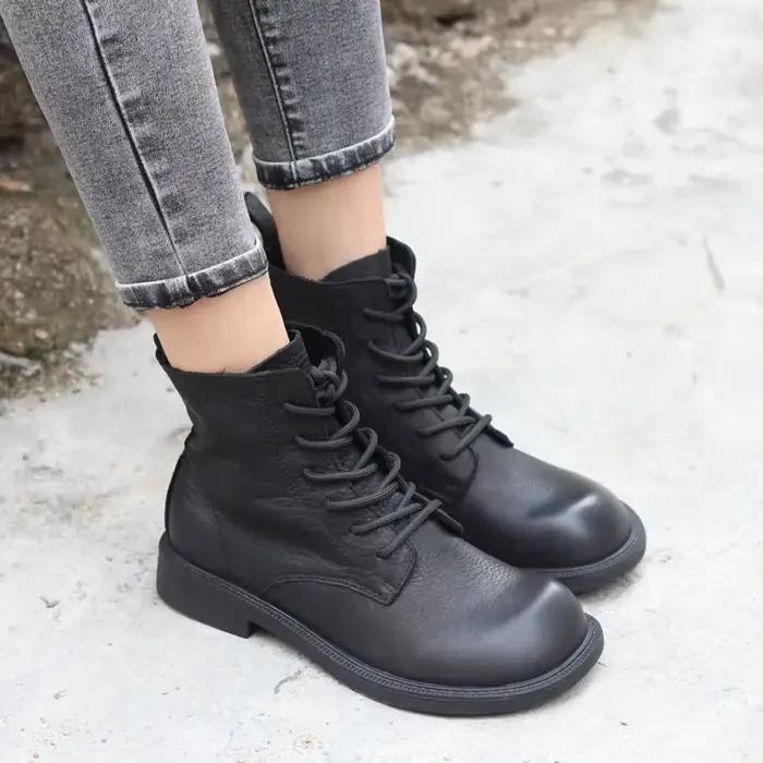 Careaymade-Bottes courtes en cuir véritable pour femmes, faites à la main, 100% cuir véritable, talon plat, grosse tête, chaussures de loisirs, bottes chaudes pour femmes