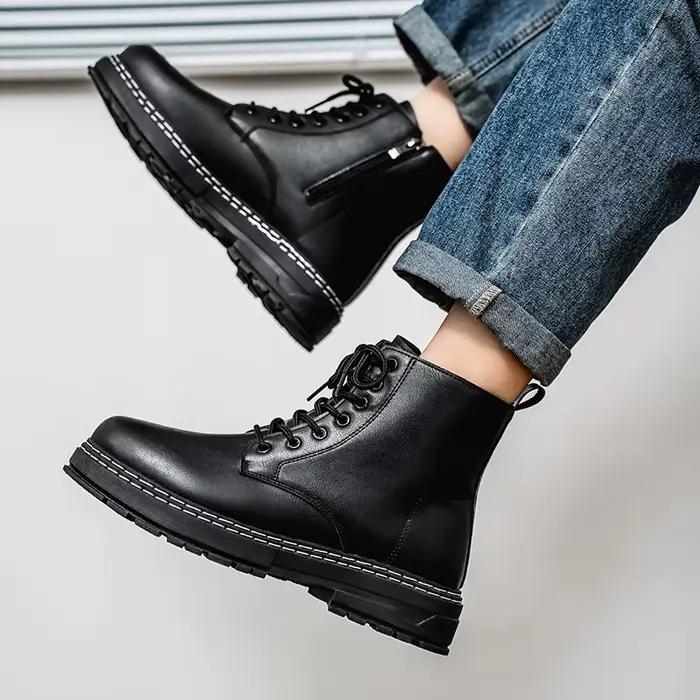 Bottes de travail noires à tige haute de style britannique, bottes à plateforme rehaussantes pour l'extérieur et les trajets quotidiens