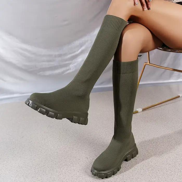 Sexy rose fond épais tricot chaussettes bottes femmes 2025 automne grosse plate-forme genou