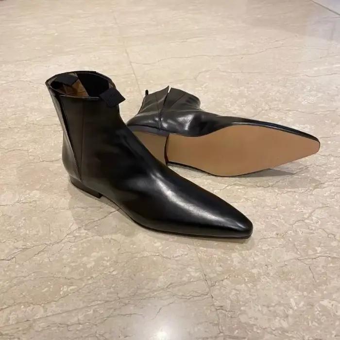 Bottes courtes rétro en cuir véritable pour femme, chaussures Chelsea pointues, plates et nues, fines, automne/hiver