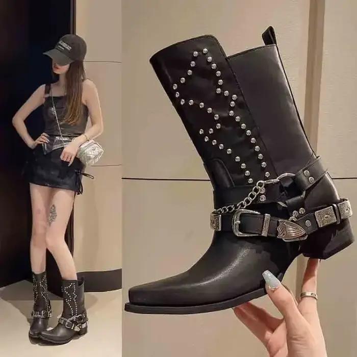 Chaussures femme bottes plates Chelsea Rivets bout rond bas Rock cheville pointu noir Cowboy caoutchouc dames Fretwork équitation à lacets Slip-O