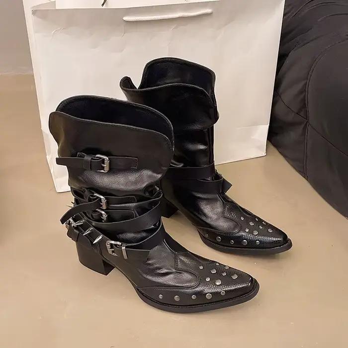 Bottes de créateur en cuir à rivets rétro pour femmes