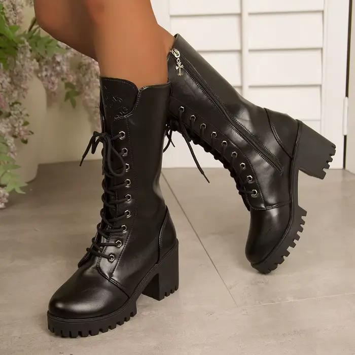 Bottes mi-mollet pour femmes, talon carré, bout rond, plateforme, cuir noir, fermeture éclair latérale, grande taille 35-43, mode automne, occassions spéciales