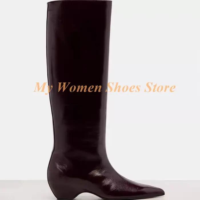 Bourgogne genou bottes hautes talon moyen sans lacet piste 2026 hiver automne femmes robe chaussures bout pointu talon noir nouveautés