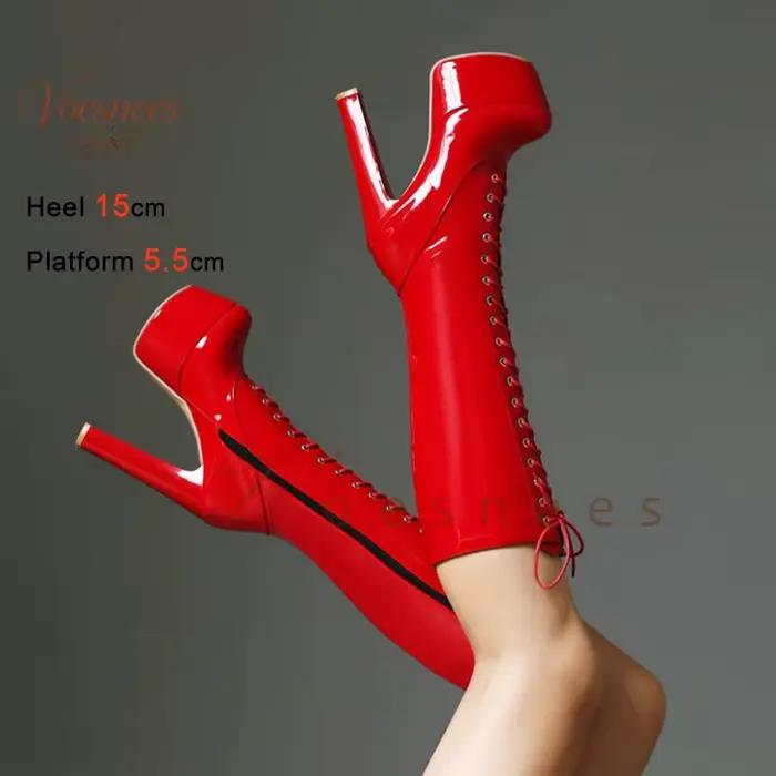 Bottes longues à plateforme en cuir verni rouge tendance pour femme