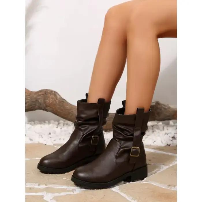 Bottes de moto de Style rétro pour femmes, grand mollet, mode hiver automne, bottes courtes ajustées décontractées, bout rond, talon moyen