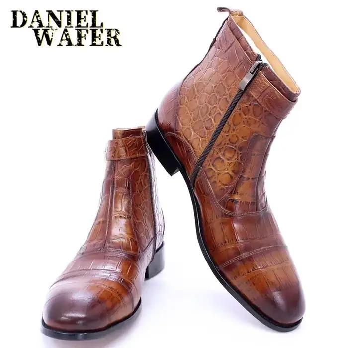 Bottines de luxe en cuir véritable homme style de rue imprimé crocodile talon bas pour mariage soirée bureau街道风格男士鳄鱼皮压纹短靴，适合婚礼、晚宴和办公室穿着