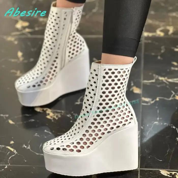Bottines blanches à talon compensé en maille ajourée, bout rond, fermeture éclair latérale, plateforme, pour femmes, style urbain estival, chaussures tendance