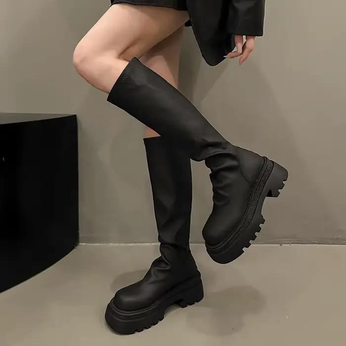 Dames mode genou bottes talons hauts mince grand automne hiver chaud semelle épaisse bottes élastiques grand cavalier bottes Botas De Mujer