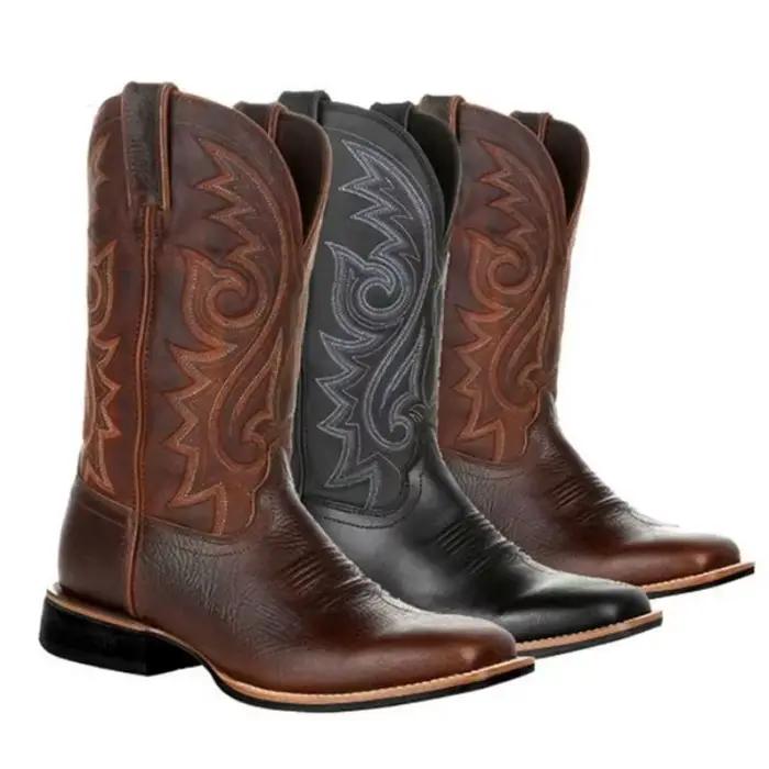 Bottes Western en cuir faites à la main pour hommes et femmes, bottes de cowboy mi-mollet, chaussures d'équitation unisexes, noir et marron, punk, nouveau, 2023