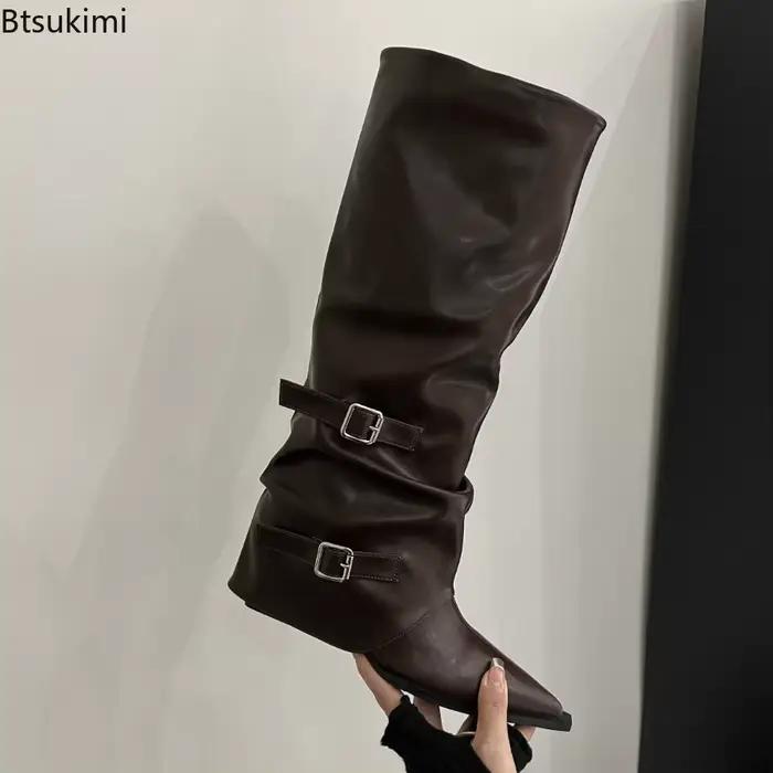 Printemps et automne femmes Style rétro mi-mollet bottes mode ceinture boucle chaussures bout pointu compensées talon chevalier bottes longues femme