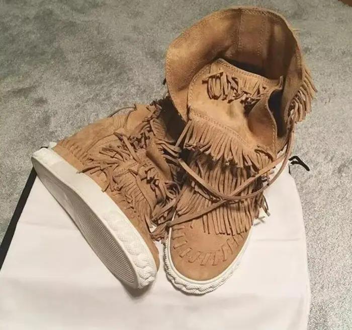 Femmes romaines vache daim haut gland à lacets bottines dames hauteur cachée augmentée langue à franges baskets compensées intérieures