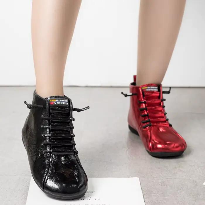 Bottes Courtes en Cuir Verni Antidérapantes pour Femme, Chaussures d'Automne et d'Hiver à Lacets, 2020