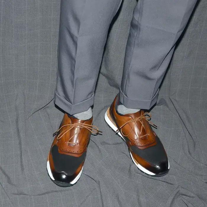 Marque de luxe concepteur hommes baskets en cuir véritable et tissu Patchwork à lacets marron richelieu Oxford