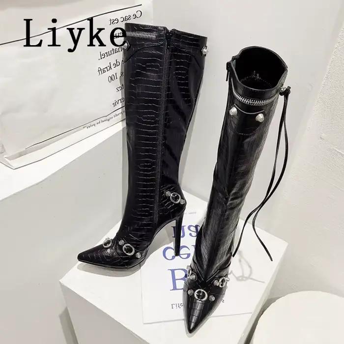 Liyke 2026 nouveau Sexy bout pointu genou bottes hautes femmes pôle danse talons aiguilles pompes mode gland Zip Rivet hiver longues chaussures