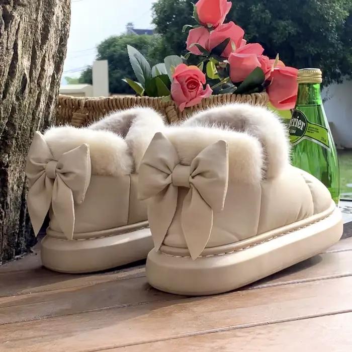 Bottes de neige avec nœud papillon au dos pour femme, chaussures chaudes d'hiver, peluche douce, antidérapantes, légères, courtes d'intérieur et de rue
