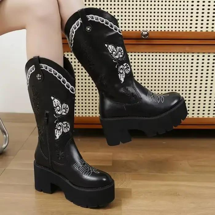 Nouveau Western brodé manchette haut CowGirl bottes fond épais imperméable femme