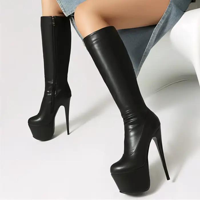Bottes à plateforme au genou pour femmes, talons hauts noirs sexy, cuissardes, fête, boîte de nuit, chaussures pour filles, grande taille 48, hiver
