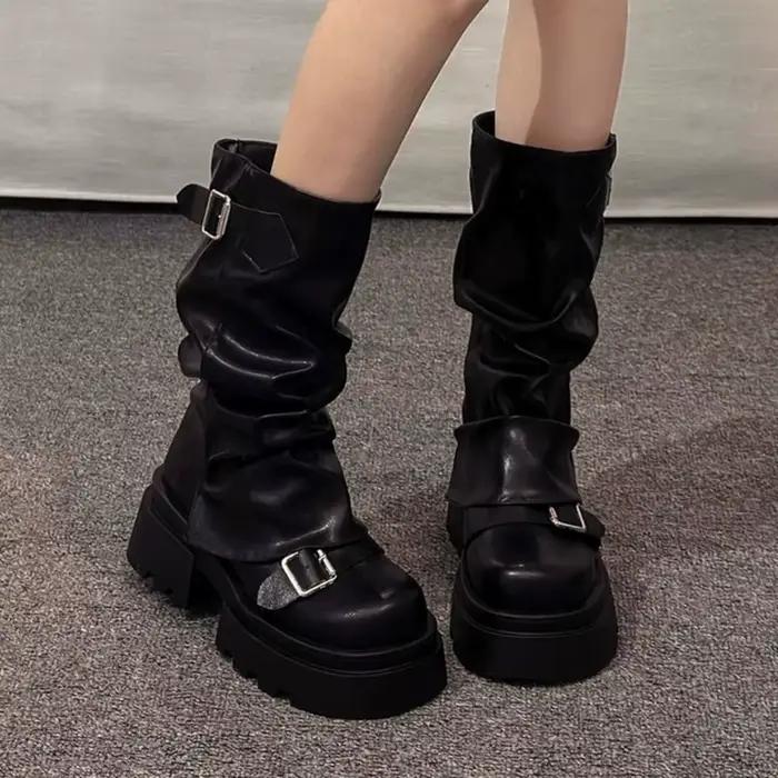 Bottines de motard à plateforme avec boucle de ceinture pour femmes, nouveau Design, bottines hautes aux genoux, Style de rue gladiateur Y2K Punk, bottines mi-tuyaux
